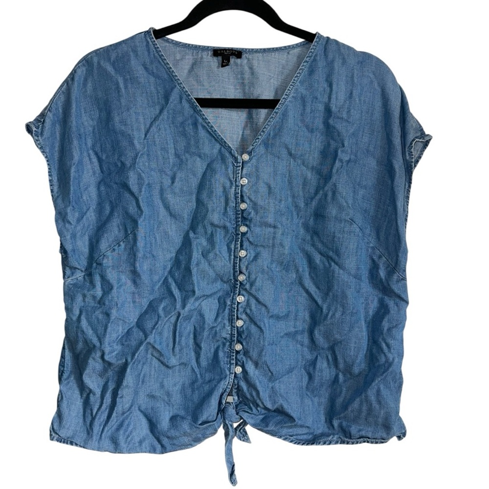 Talbots Cap Sleeve Button Front Tie Detail Chambray‎ Blue Size Large Petite